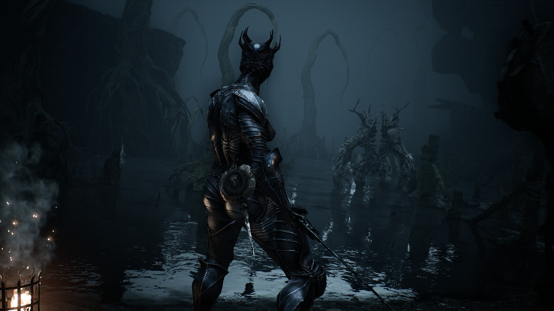 An armored warrior overlooking a dark swamp in Mortal Shell II